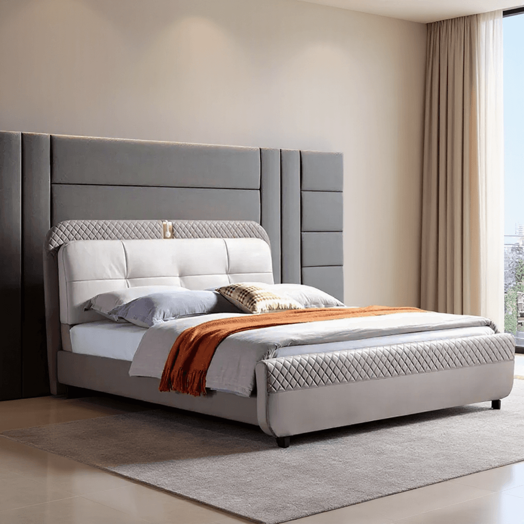 King Size Upholstered Bed with Attached Side Tables