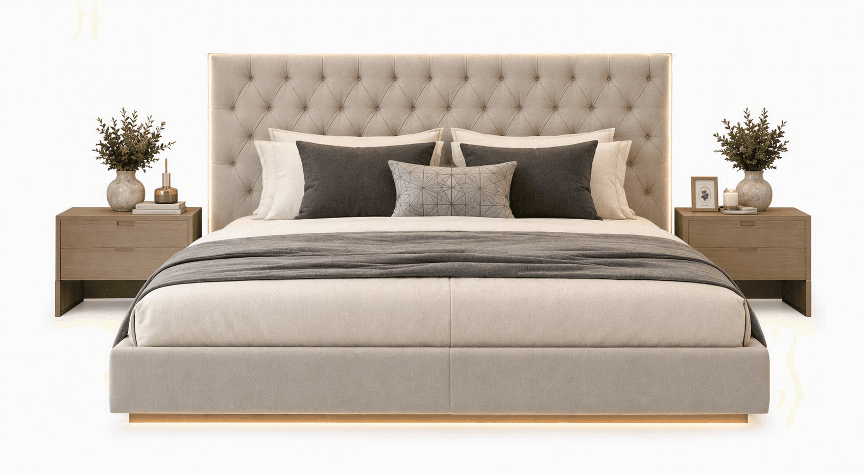 Custom Platform Bed with Upholstered Headboard and Single Side Table